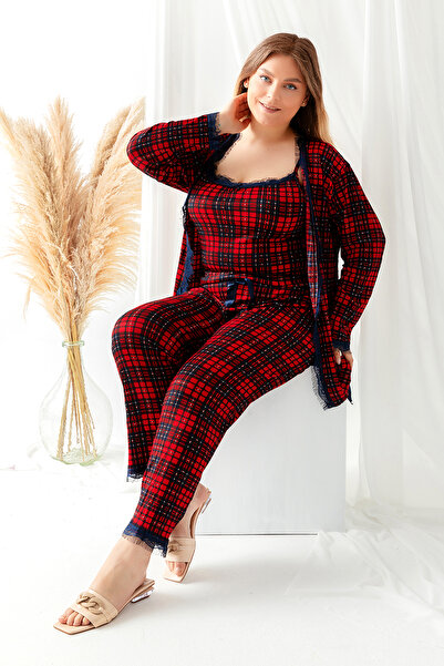 lacelove طقم بيجامة نسائي بيغاسوس مقاس كبير مع فستان صباحي مزين بالدانتيل - ط...