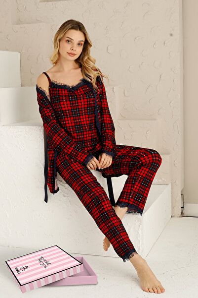 lacelove طقم بيجامة نسائية مكون من 3 قطع مع ثوب نوم - بيجامة نسائية مكشكشة - Ge