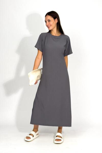 Betimoda Women's Wrinkle Fabric Slit Oversize Short Sleeve Crew Neck Midi Length Dress Smoked