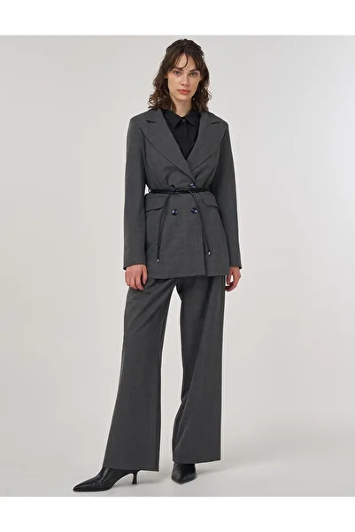 Kayra Plaid Pattern Double Breasted Belted Jacket Anthracite