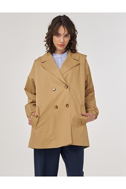 KYR Double Breasted Closure Jacket with Elasticated Cuffs and Shoulder Detail Beige