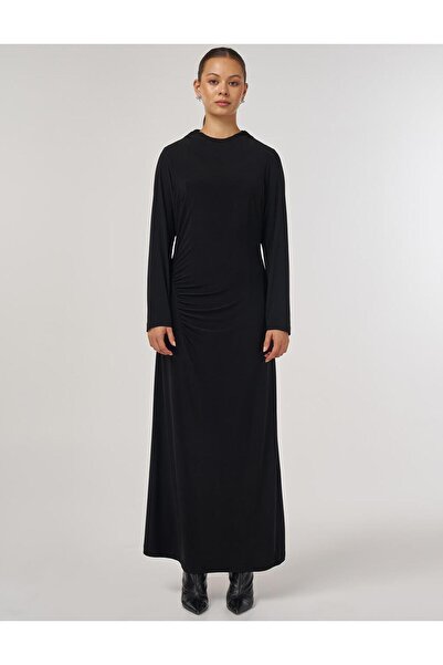 Kayra Bisiklet Yaka Drapeli Elbise Siyah