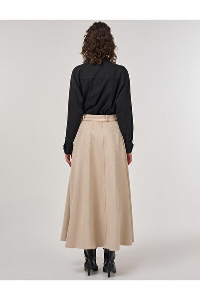 Kayra Kemerli Süet Kloş Etek Krem