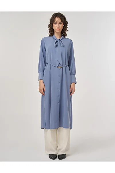 Kayra Collar Detailed Belted Long Tunic Airman Blue