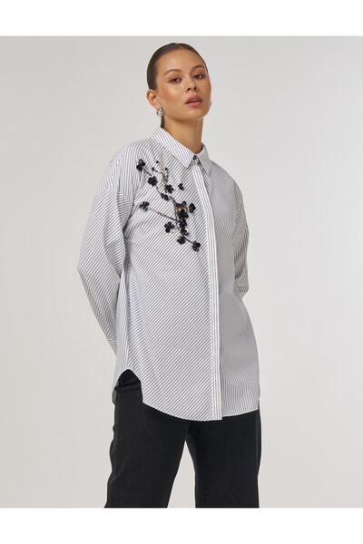 Kayra Flower Embroidered Line Pattern Tunic Black