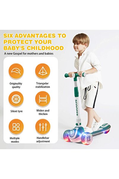 erorex Kick Scooter 4 Adjustable Height Lean Steer Foldable Scooter Kids Led Light Wheels Anti Slip Deck