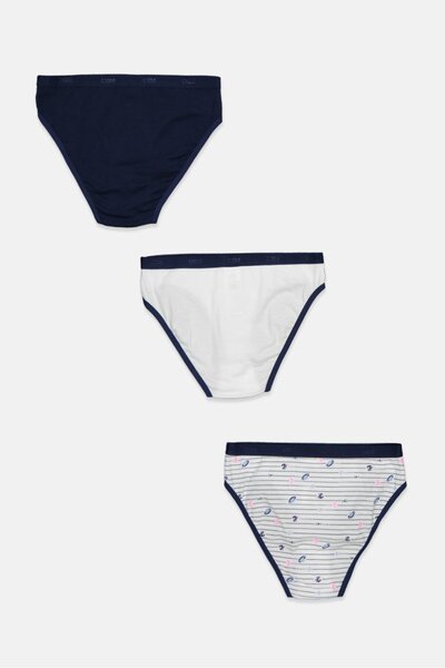 DİM Kids Girl 3 Pcs Printed And Plain Panties, White Combo and Navy