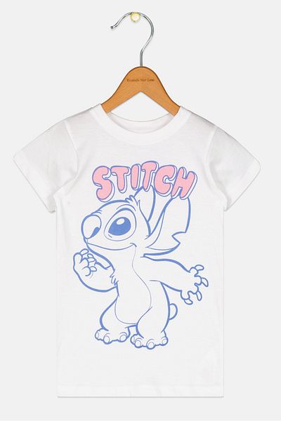 Disney Kids Girl Short Sleeve Stitch Graphic Print T-Shirt, White