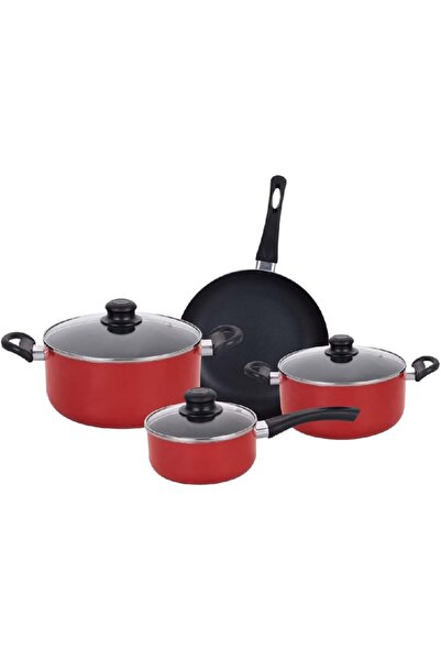 erorex طقم أواني طهي متينة غير لاصقة من الألومنيوم مكون من 7 قطع باللون الأحمر Hs 6007 R