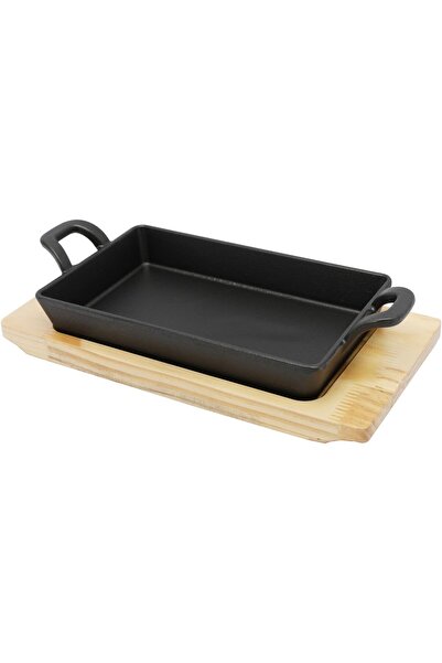 erorex 20Cm*12.5Cm Rectangular Cast Iron Skillet Side Handles Wooden Base | Roasting Pan Cooking Grilling