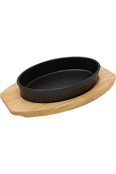 erorex 21.5Cm*14.50Cm Oval Cast Iron Skillet Wooden Base | Roasting Pan Cooking Grilling | Oven Safe Cast