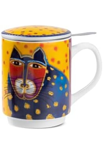 EGAN Laurel Burch Infusion Cup 350ml – Porcelain Tea Mug with Lid & Filter – Artistic Cat Design