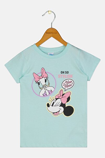 Disney تي شيرت مطبوع عليه رسومات بأكمام قصيرة ورقبة دائرية للفتيات الصغيرات، لون أخضر نعناعي