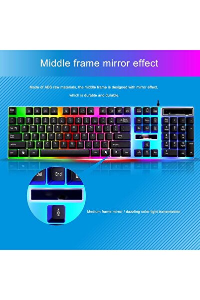 erorex لوحة مفاتيح الألعاب ماوس G21 لوحة مفاتيح قوس قزح مقاومة للماء بإضاءة خلفية قوس قزح لوحة مفاتيح ألعاب سلكية بمنفذ USB