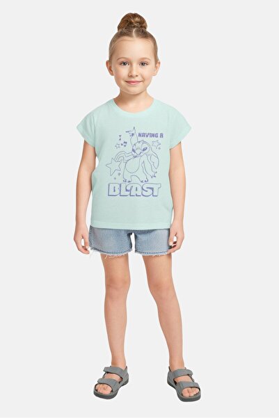 Disney بلوزة بأكمام قصيرة بطبعة جرافيكية للبنات، لون أخضر نعناعي