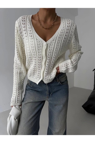 ufukmoda Small Knitted Knitwear Cardigan with Small Buttons White