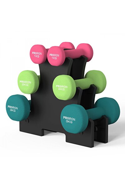 OEM Gantere din neopren cu suport, Set de 6 gantere roz, verde, verde închis 2x1 kg, 2x2 kg, 2x3 kg