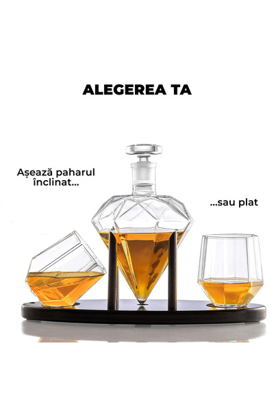 Elindor Diamond Shaped Whiskey Decanter Set with 2 Glasses and Mahogany Wood Stand, 750 ml, Elegant