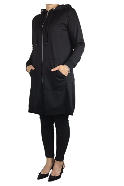 ECE GİYİM Women's Hooded Crystal Fabric Jacket with Front Zipper and Kangaroo Pocket