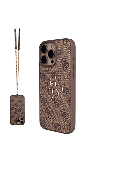 Guess iPhone 16 Pro Max Uyumlu Kılıf Lisanslı 4G Büyük Metal Logolu Askılı Kapak Kahverengi