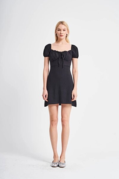 tw3 Kadın Balon Kollu Önü Büzgülü Tasarım Mini Elbise