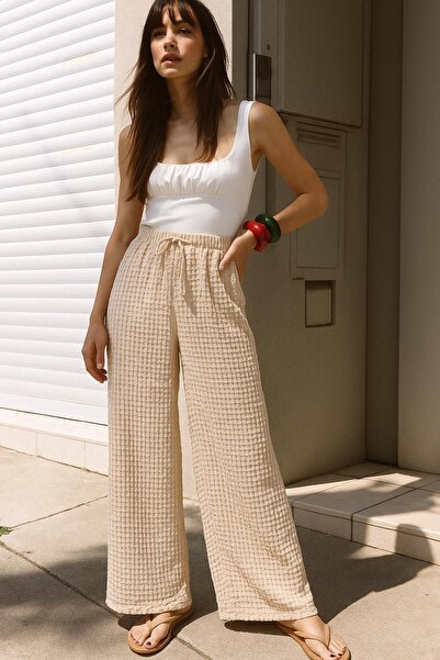HAKKE Seersucker Textured Waist Lace-Up Relaxed Fit Trousers