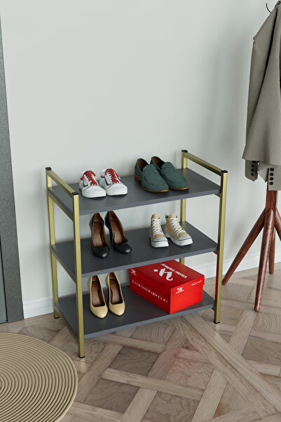Hediyeler Kapında 3 Raflı Ayakkabılık Antre Hol Ayakkabı Standı Gold Metal