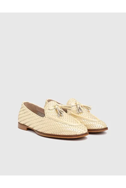 İLVİ Josie Genuine Knitted Leather Gold Women's Loafer Shoes