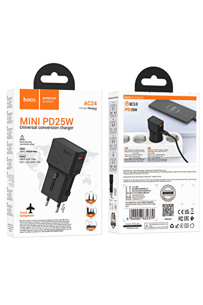 REDz Accessories Set adaptor Hoco AC24 și cablu Type-C, multiconector EU/UK/US/AUS, USB + Type-C, negru