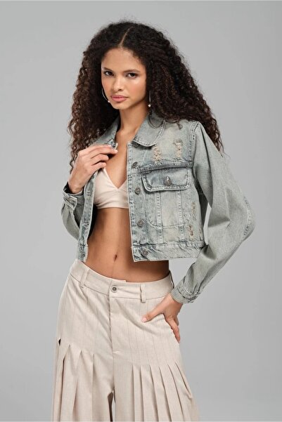 tw3 Γυναικείο τζιν μπουφάν με σχέδιο με σπασμένες λεπτομέρειες και πέτρες