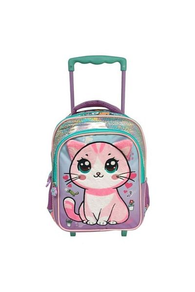 Lumi LUXURY Lilac Green Kindergarten Trolley Bag with Big-Eyed Cat Pattern