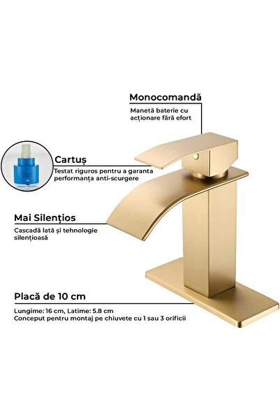 Elindor Modern Waterfall Sink Mixer Tap, Single Lever, with Mounting Plate, Brass, Gold