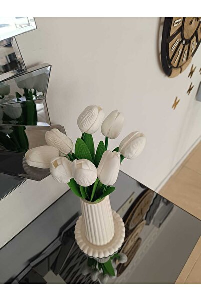 Pey Aksesuar Yapay Lüks 10 lu Islak Lale Buketi Gerçek Doku Kırık Beyaz Sevgililer Günü