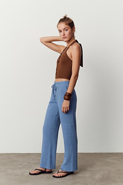 HAKKE Seersucker Textured Waist Lace-Up Relaxed Fit Trousers