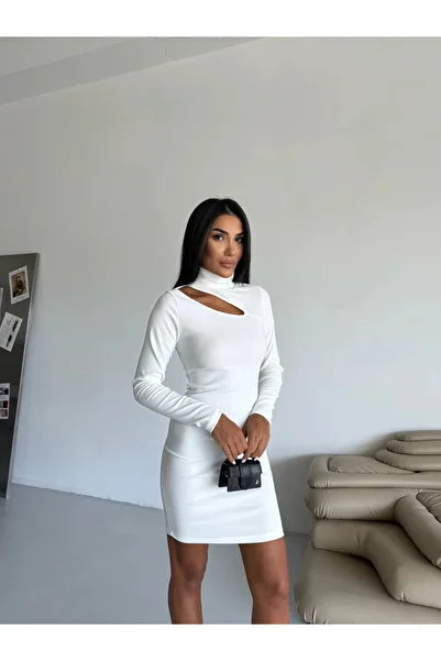 hazelin Women's White High Neck Long Sleeve Ottoman Fabric Dress Hzl25S-Fry123331