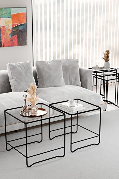 Catchme Orta Sehpa Salon Oturma Odası İkili Kare Siyah