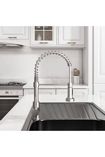 Elindor Baterie chiuvetă bucătărie cu duș extractibil, monocomandă, gură înaltă, 360°, oțel inoxidabil, argintiu