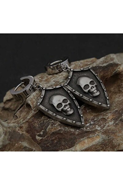 sarıyer silver Skull Skeleton Model Shield Design Dangle Casual Style Steel Hoop Earrings