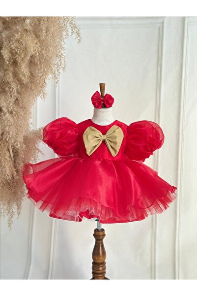 Hobidik Baby Girl Child Red Gold Bow Fluffy Special Occasion Dress