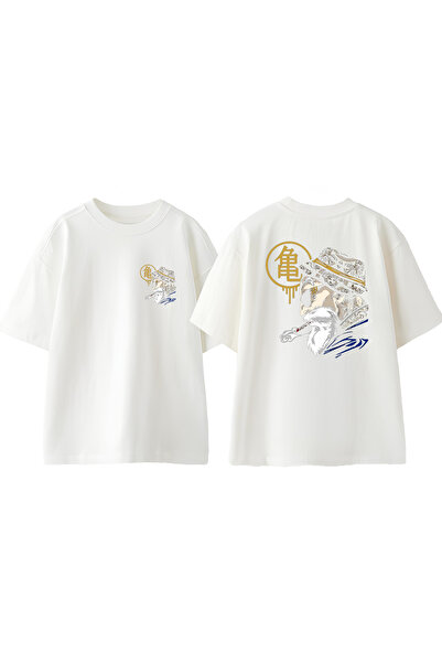 Anetos تي شيرت قطني أبيض كبير الحجم مطبوع على الظهر بتصميم Cinlı İhtiyar