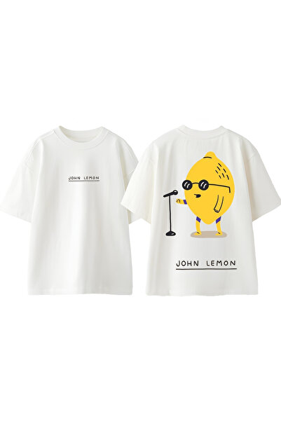 Anetos تي شيرت أبيض كبير الحجم من القطن مطبوع عليه تصميم جون ليمون