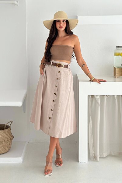 AsprinFashion Fusta din in cu curea și nasturi, crem