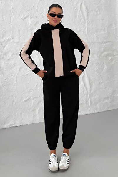 MODAGEN Kadın Siyah Kapüşonlu Kol Ve Göğüs Kalın Şeritli Alt-Üst Eşofman Takımı