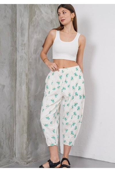 SheLoria Women's Green Floral Linen Balloon Pants with Elastic Waist and Doub...