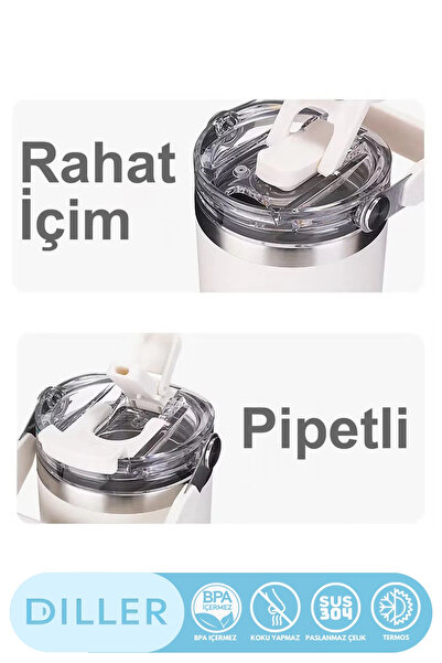 DILLER 620ml Yeni Koleksiyon Tumbler Pipetli/Pipetsiz Kullanım Kulplu Paslanmaz Çelik Termos