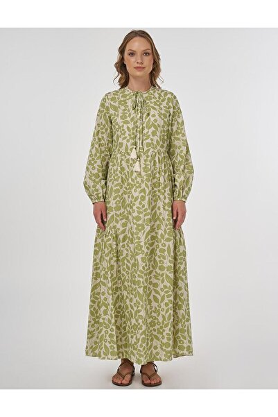 Kayra Floral Desen Pamuk Keten Maksi Elbise KA-B25-23103 - Fıstık Yeşil