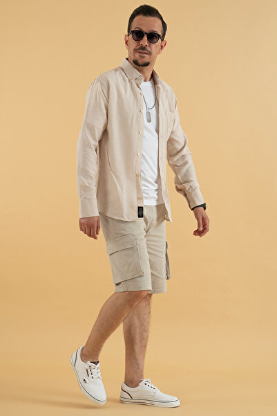 Souris Erkek Taş Rengi Slim Fit Dar Kesim Viskon Keten Gömlek