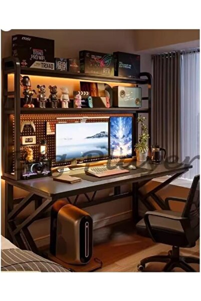 NKX Computer Tables with Shelves for Organized Productivity Black Frame with Hole Board Regular Height 1