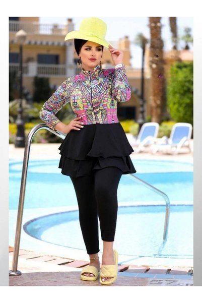 SWAN.AE Burkini, Geometric Print, Long blouse, Ruffle at the waist, zipper, Pants, Cap, Quick-dry Lycra