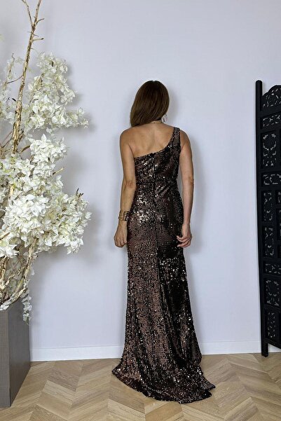 gesmoda G1257 One Shoulder Slit Detailed Sequin Dress Bronze